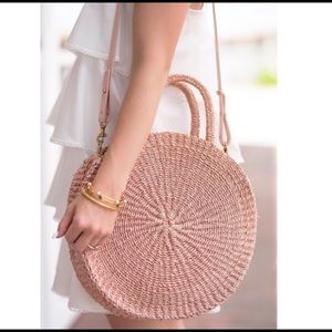 Clare V. Alice Woven Straw Circular Bag Blush Pink